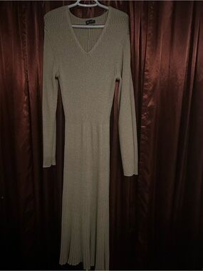 GAP Ribbed V-Neck Long Sleeve A LINE Midi Dress in TAN X-LARGE TALL